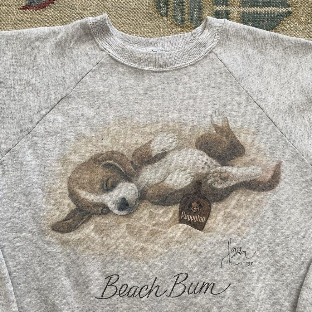 Vintage Puppy Sweatshirt 90s Cottage Large Raglan Gray Beach Bum Cute Dog Animal